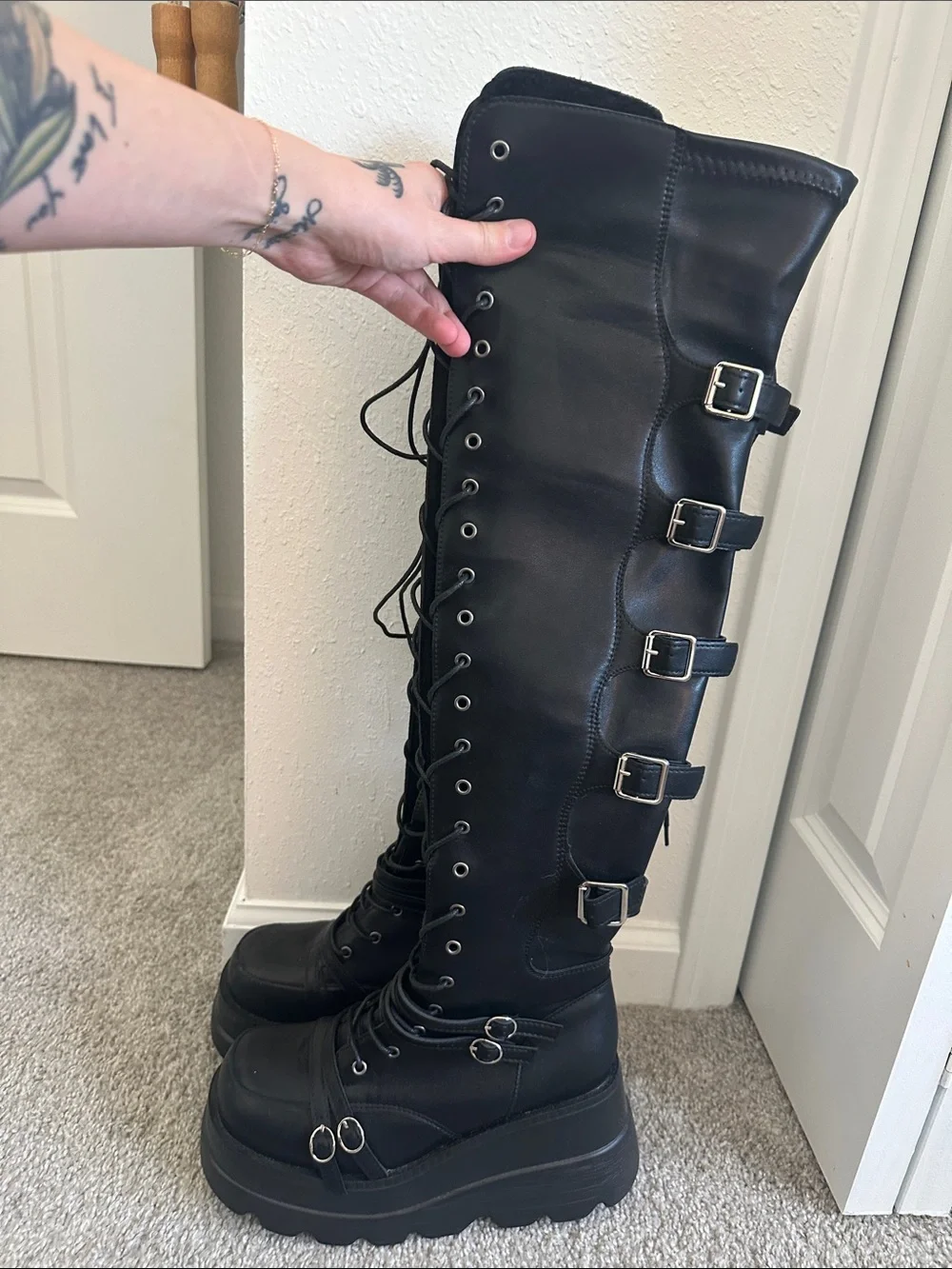 Black Over-the-Knee Lace-Up Platform Boots with Buckles